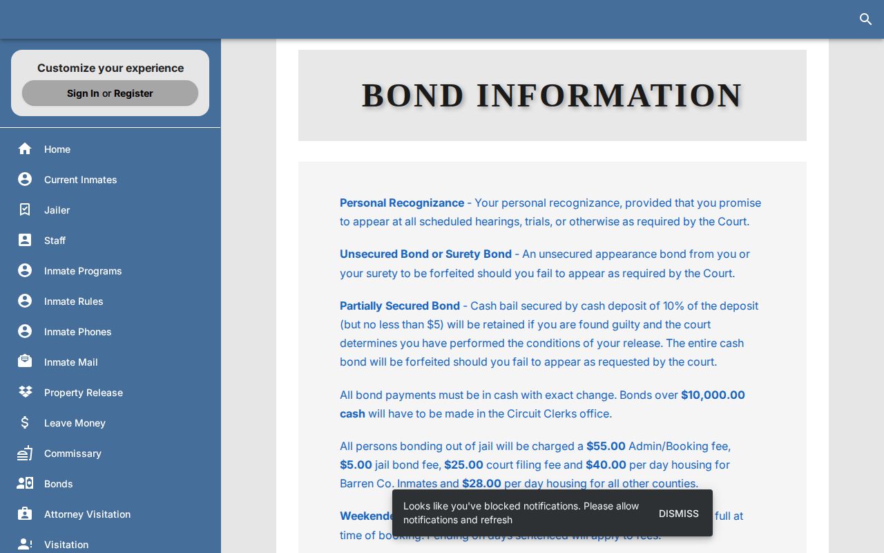 Barren County 24-hour release bond types and payment information