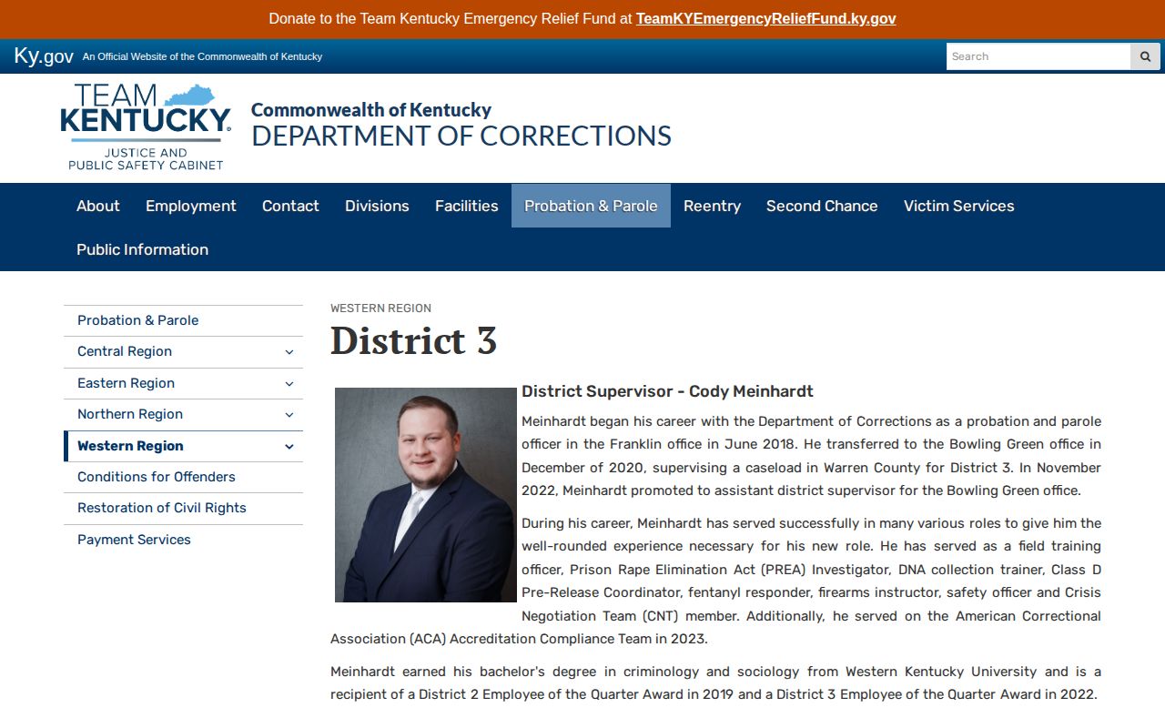 Kentucky DOC District 3 listing for the Barren County satellite office