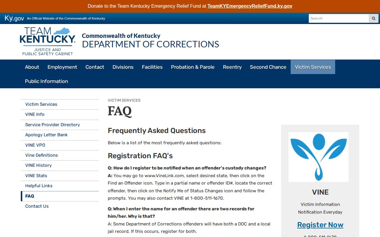 Kentucky VINE FAQ offender search and notification instructions